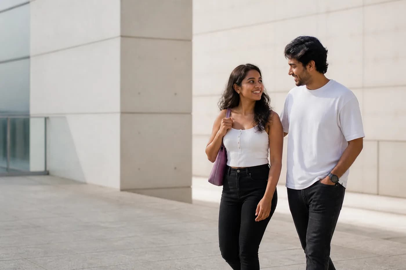 Two people walking side by side outdoors, mid-conversation.