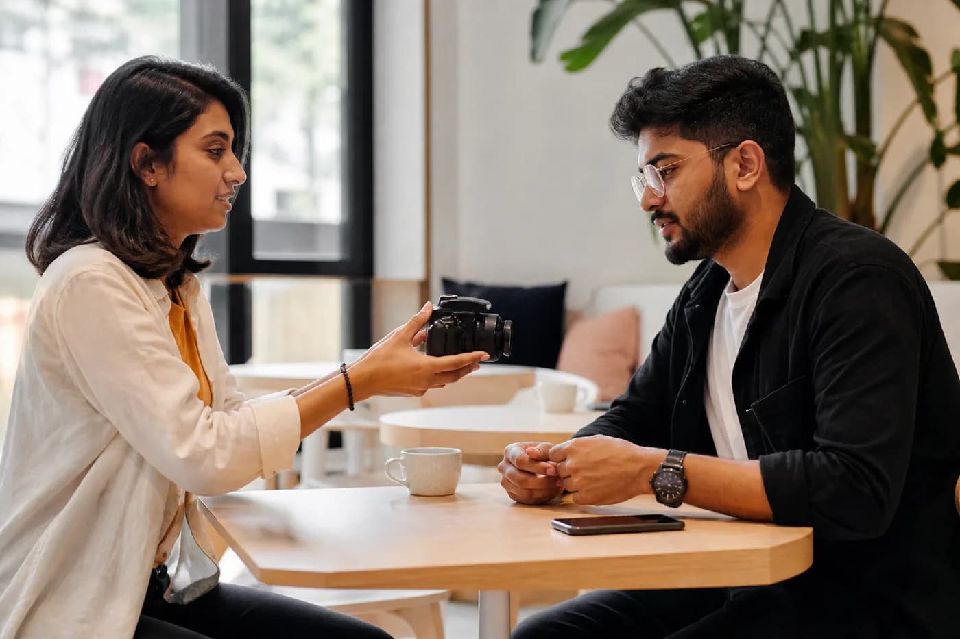 Two people meeting at a café table, one handing a camera across to the other.